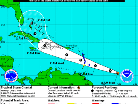 Tropical Storm Chantal forms in Atlantic