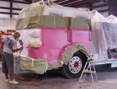 Fire engine going pink for breast cancer at Sebastian garage