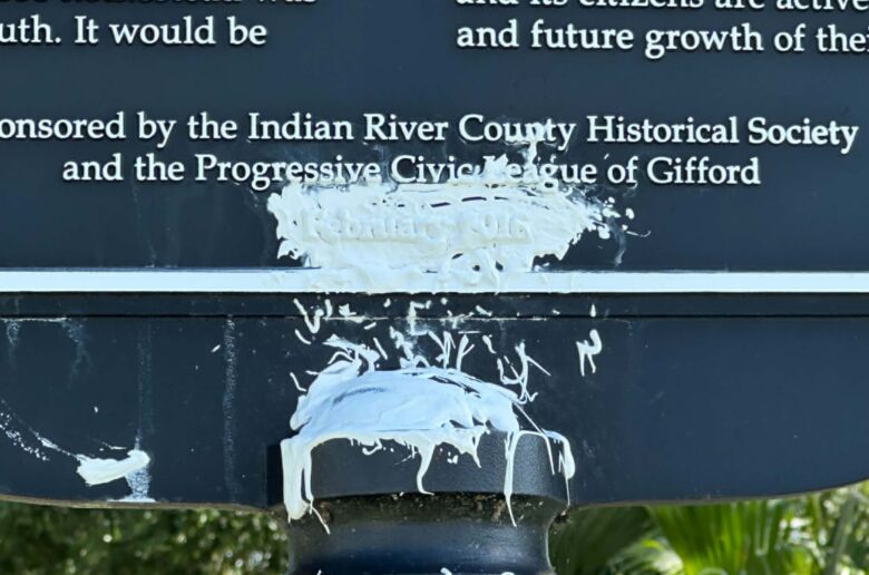 Historical marker, monument, bench, sign damaged at Gifford Museum
